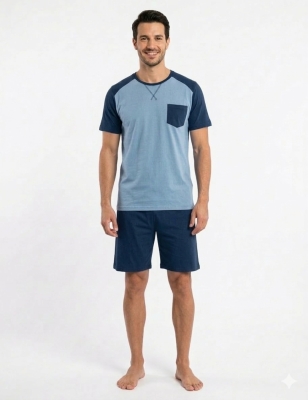 Мъжк памучна пижама с акцент около деколтето -3/4 панталони- Петков