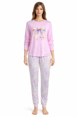 Памучна дамска пижама с дълъг ръкав - Панделка - Иватекс 