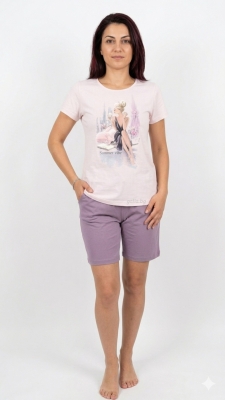 Памучна дамска пижама с къс ръкав и 3/4 пaнталонки- Иватекс 4352