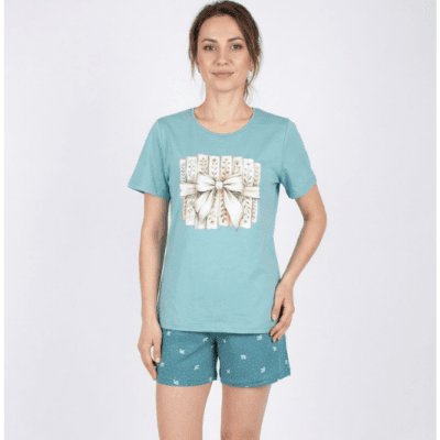 Памучна дамска пижама с къс ръкав- Панделка 